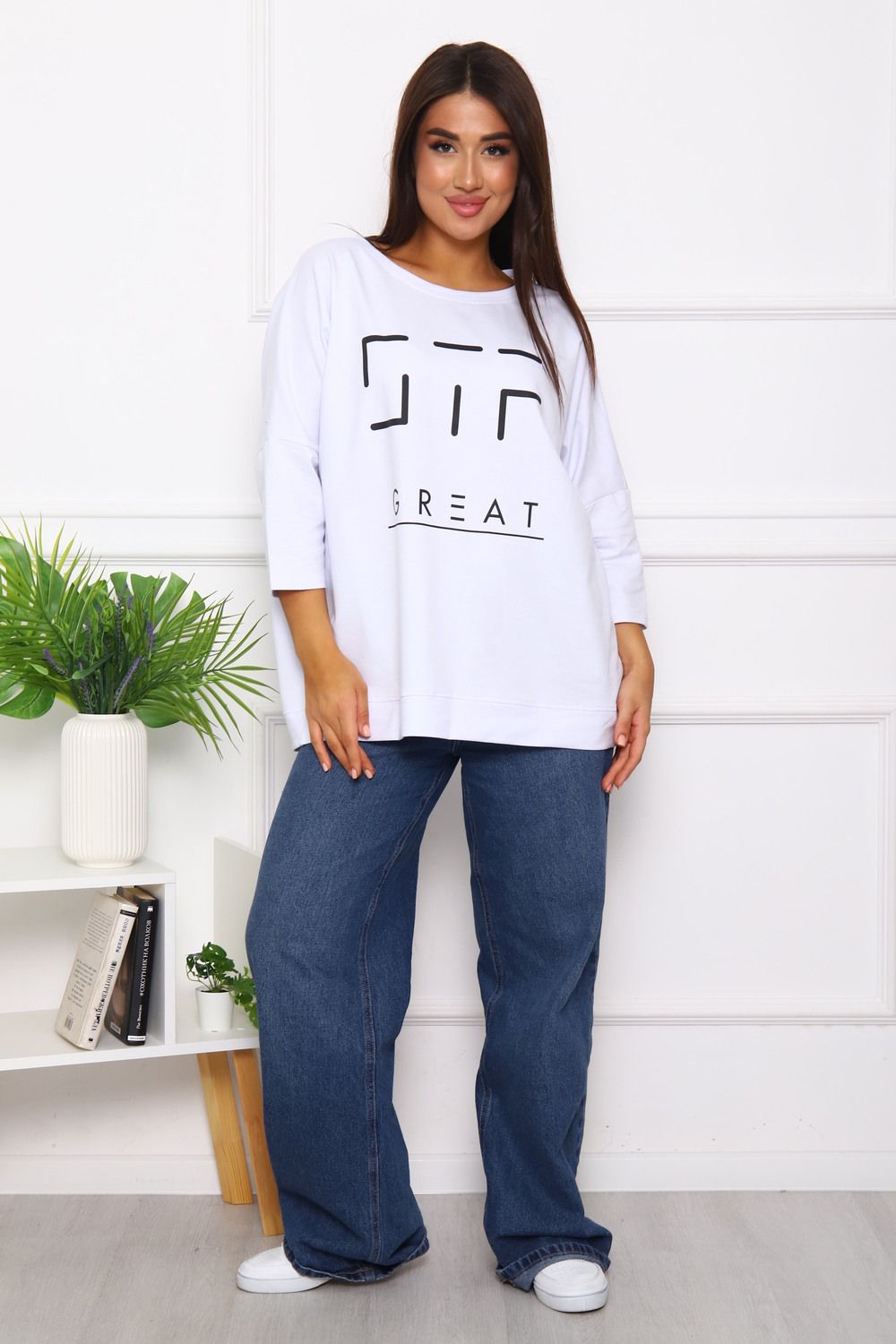 Свитшот 375702 оверсайз трикотажный - белый
