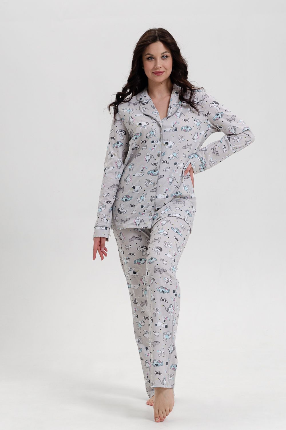 Пижама женская с брюками арт. ПД-006В - собачки светло-серые