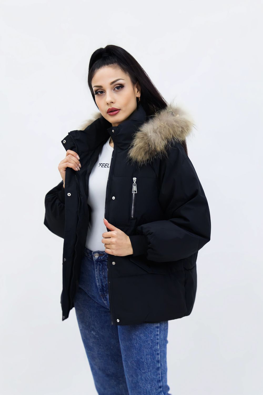 Парка с натуральным мехом демисезонная 613 - черный