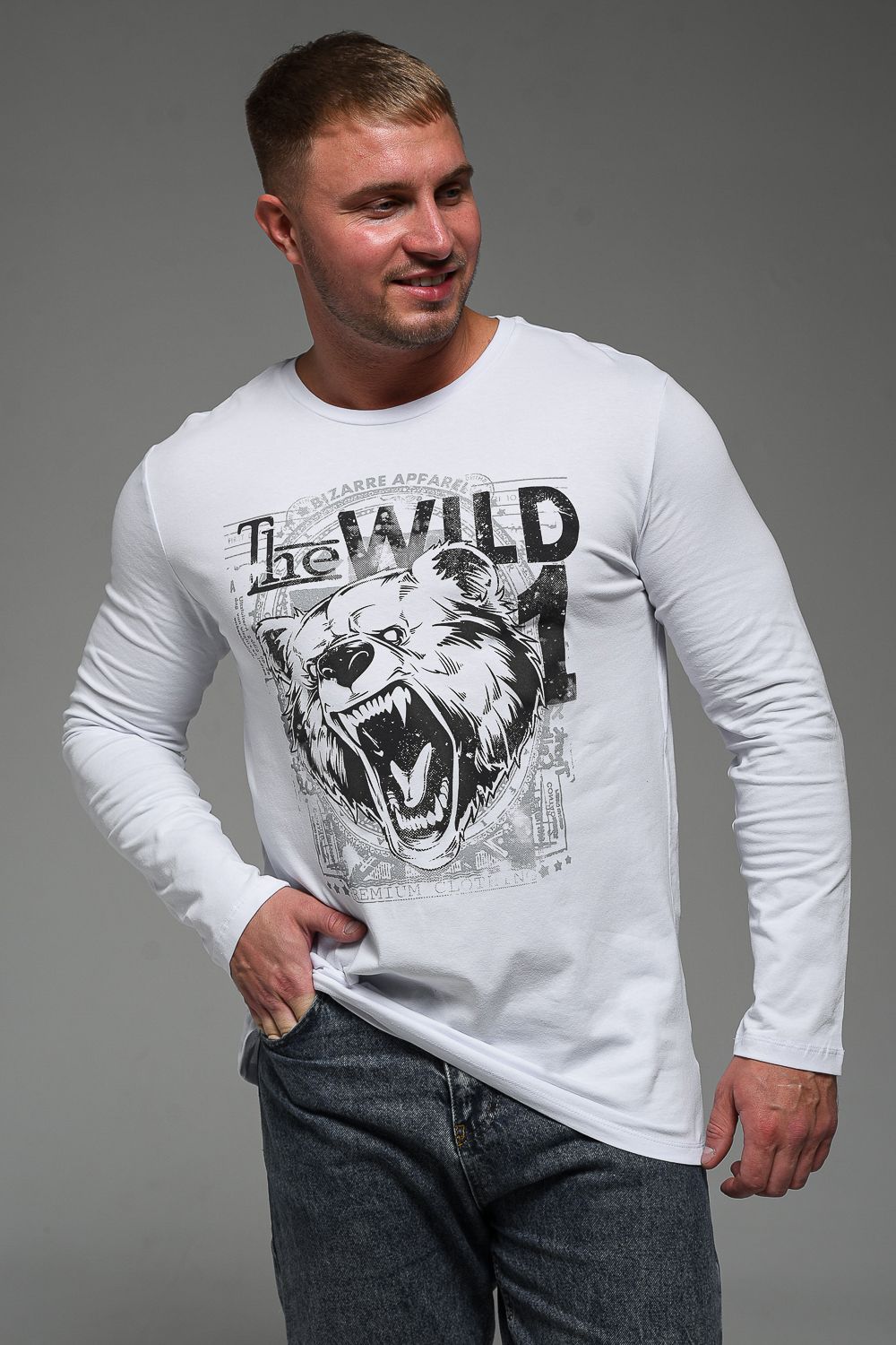 8534 Футболка с длинным рукавом мужская - белый+Дикий