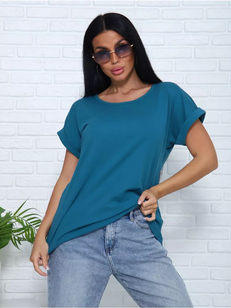 Футболка без рисунка с отворотами на рукавах, хлопок 100%, Арт. 561 - петроль