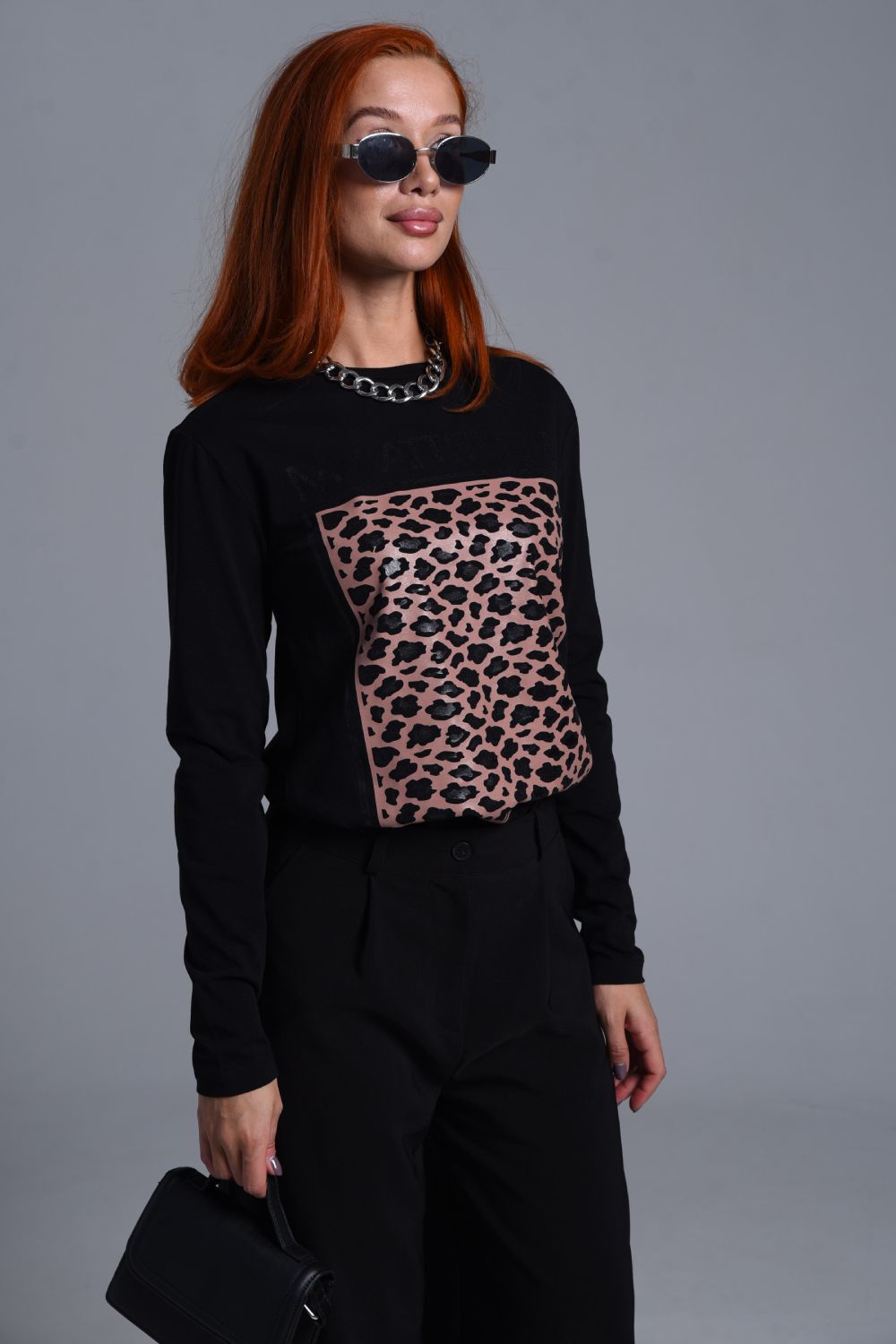 8541 Футболка с длинным рукавом женская - черный+Мое