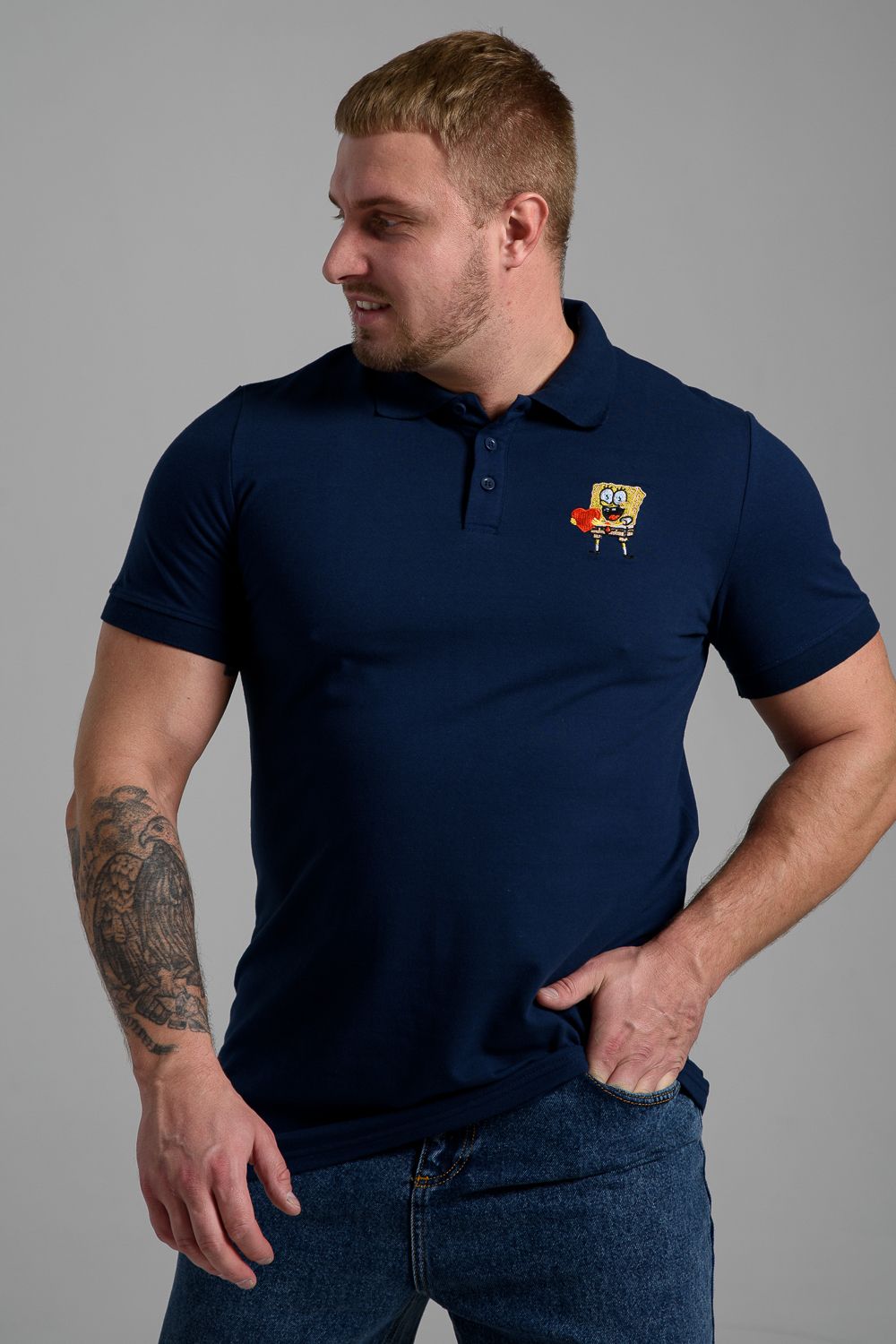 Футболка поло мужская 8501 - темно-синий+губка Боб