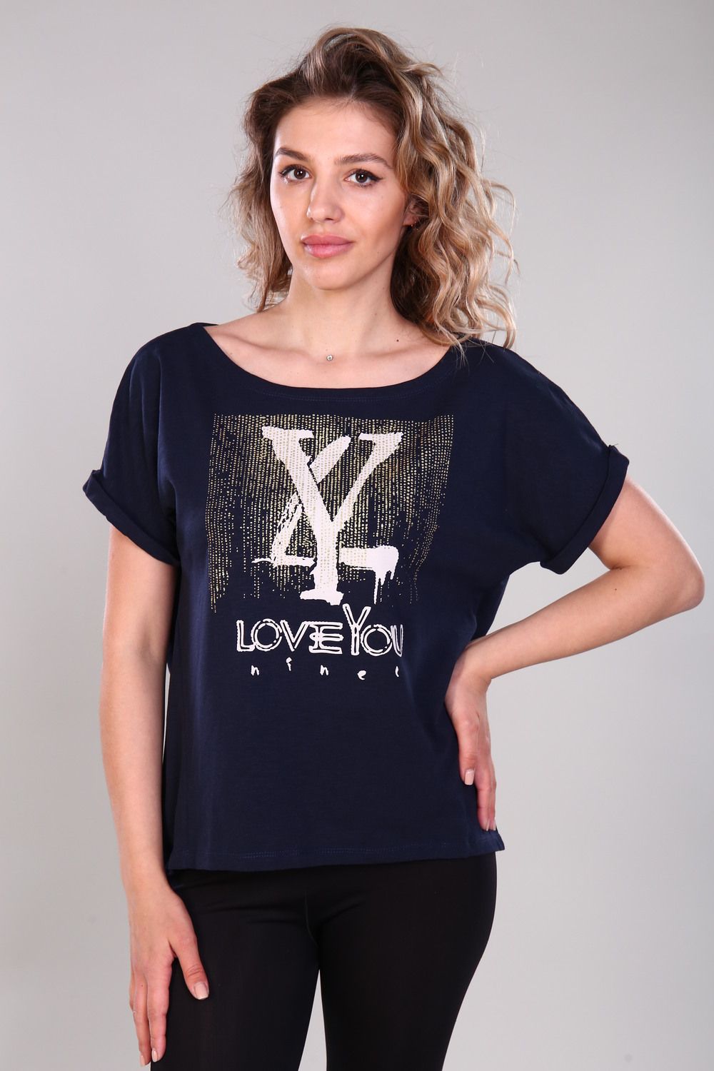 Футболка женская Ф - 13567 - темно-синий+золото