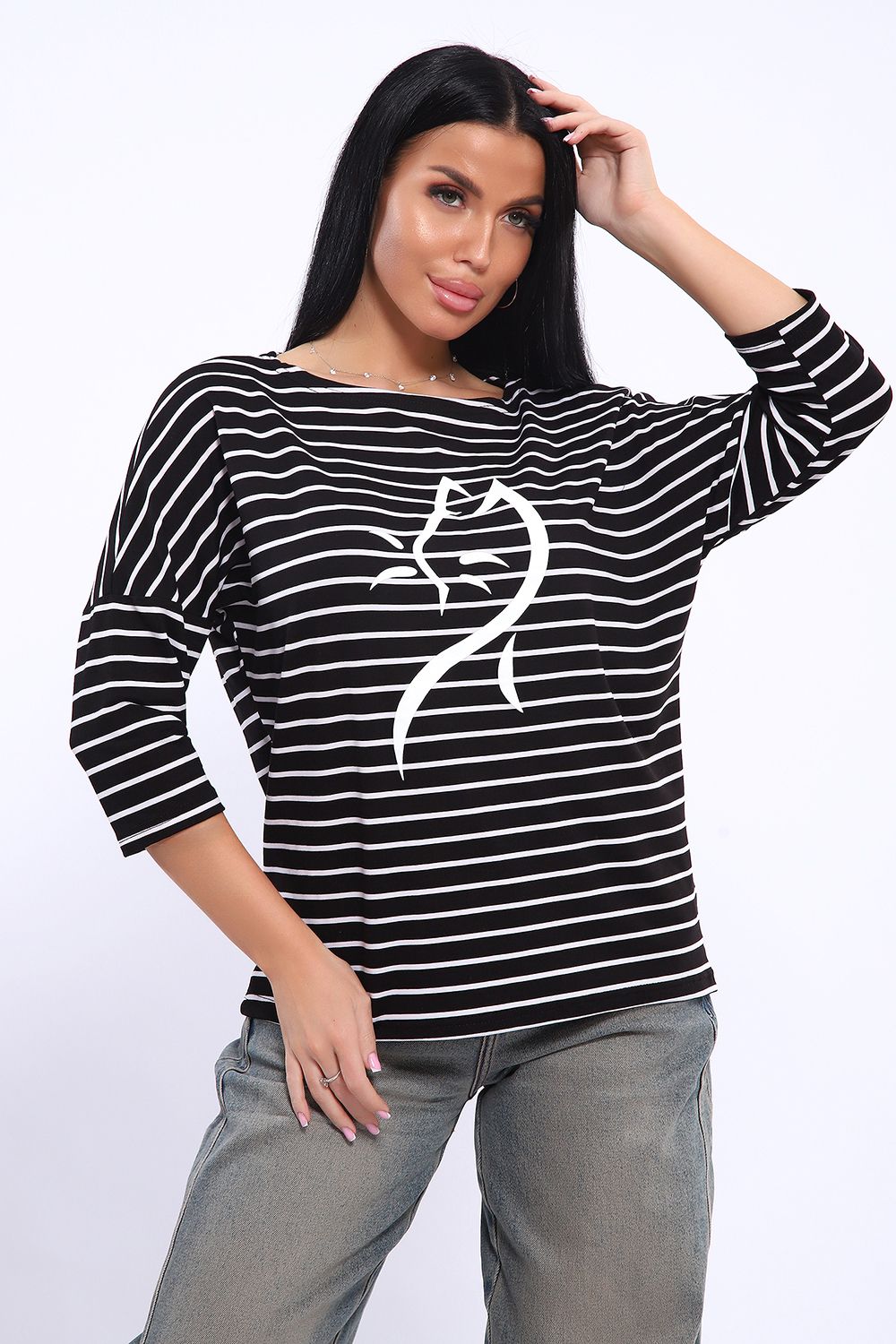 Лонгслив женский 82087 - Черно-белая полоска