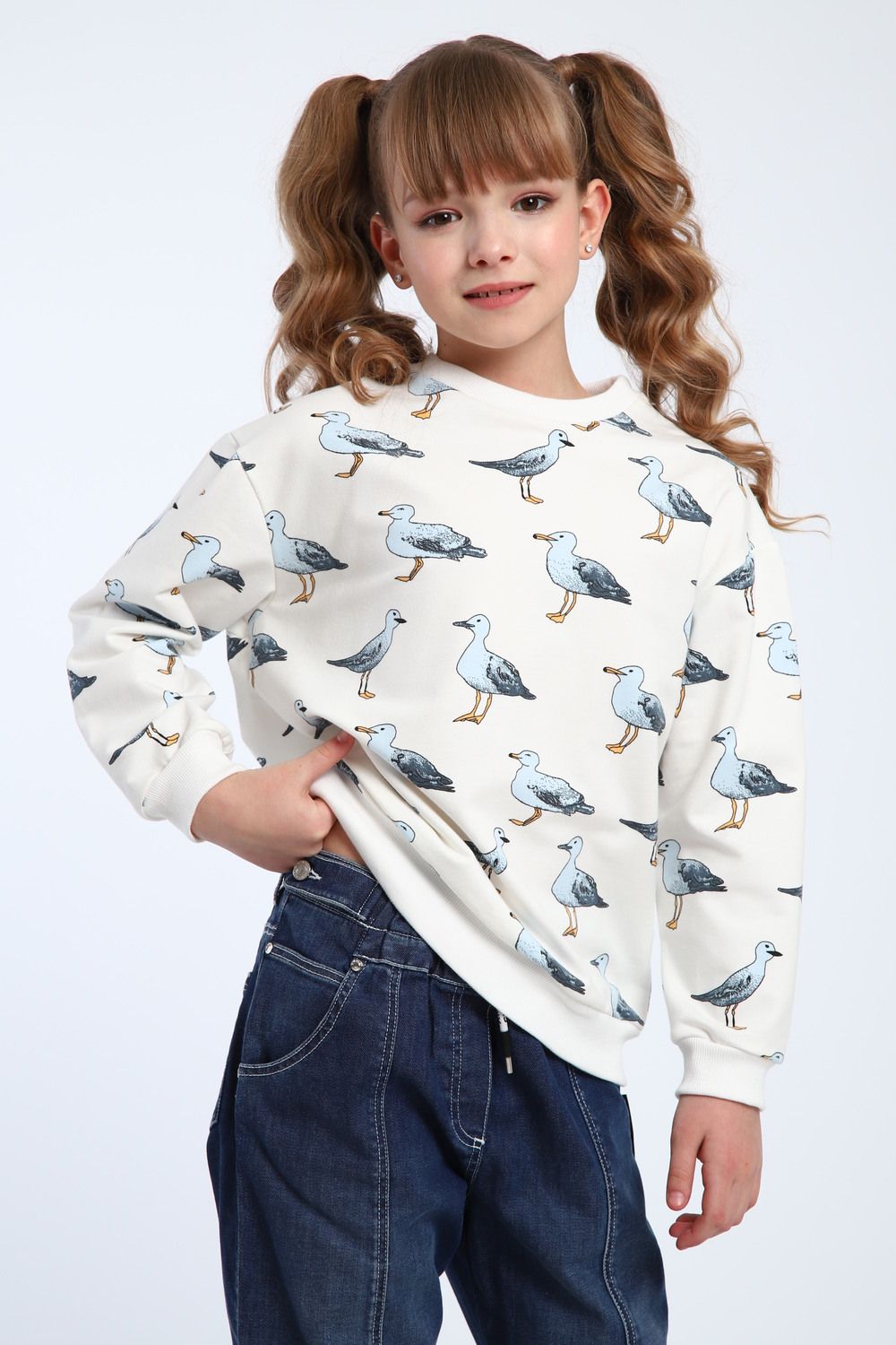 Свитшот для девочки Цветочки арт. СД-013-056 - молоко/чайки