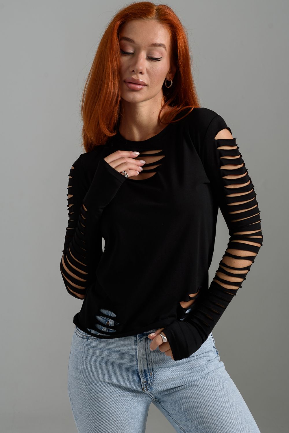 7476 Лонгслив женский - черный