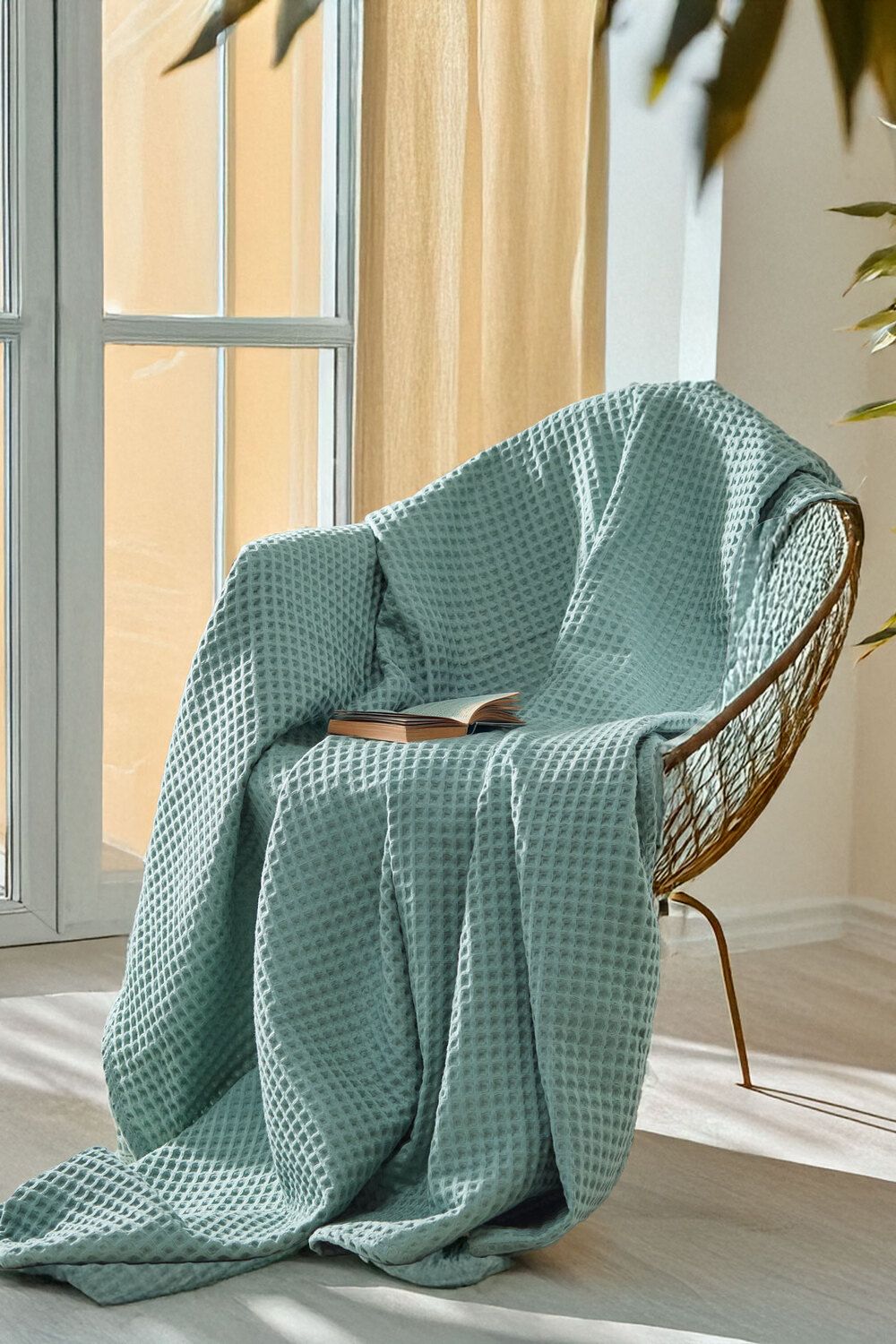 Плед вафельный 140х200 см Бохо - мятный