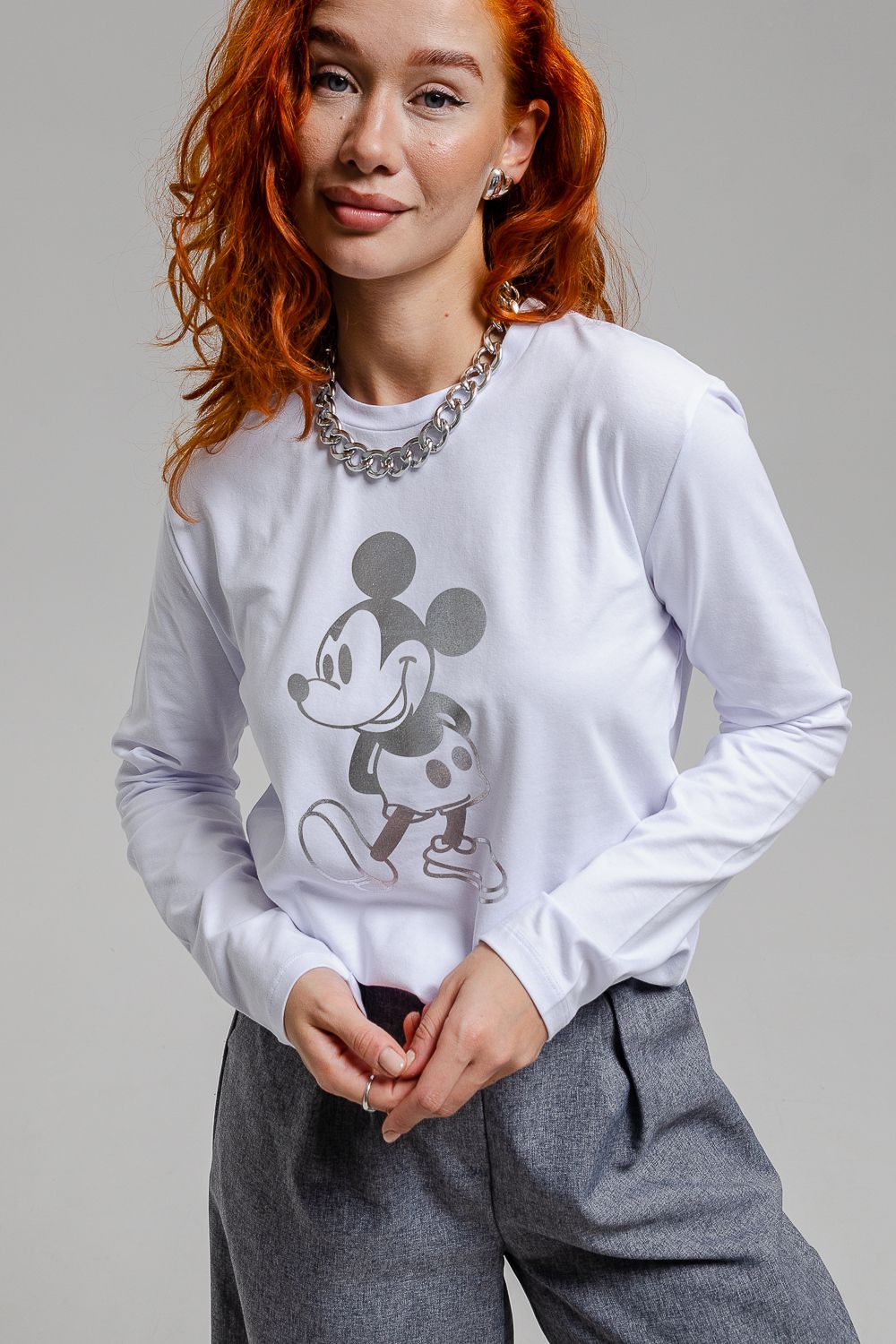 8528/1 Футболка с длинным рукавом унисекс - белый+Микки