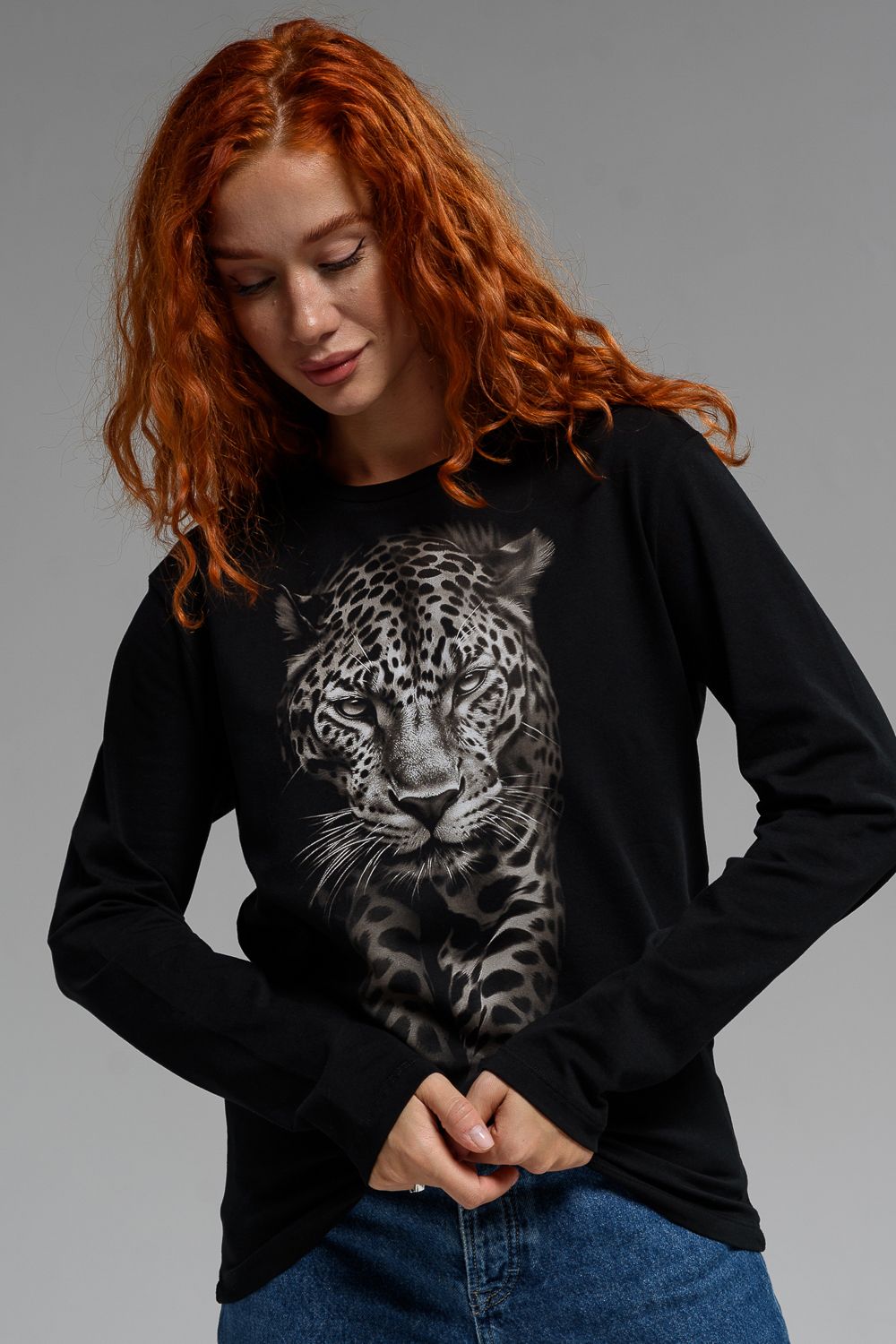 8513/1 Футболка с длинным рукавом женская - черный+леопард