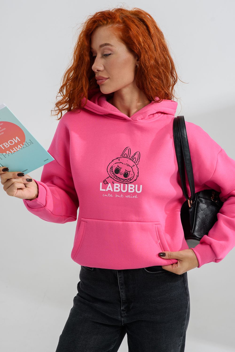8565 толстовка женская оверсайз - розовый+лабубу