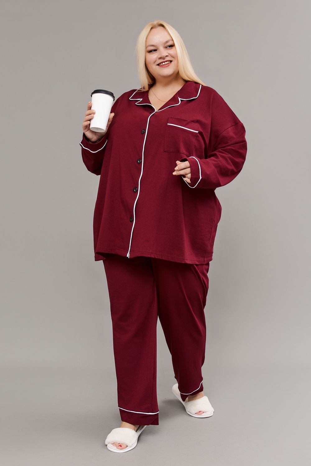 Пижама на пуговицах со штанами больших размеров Однотоннная - бордовый