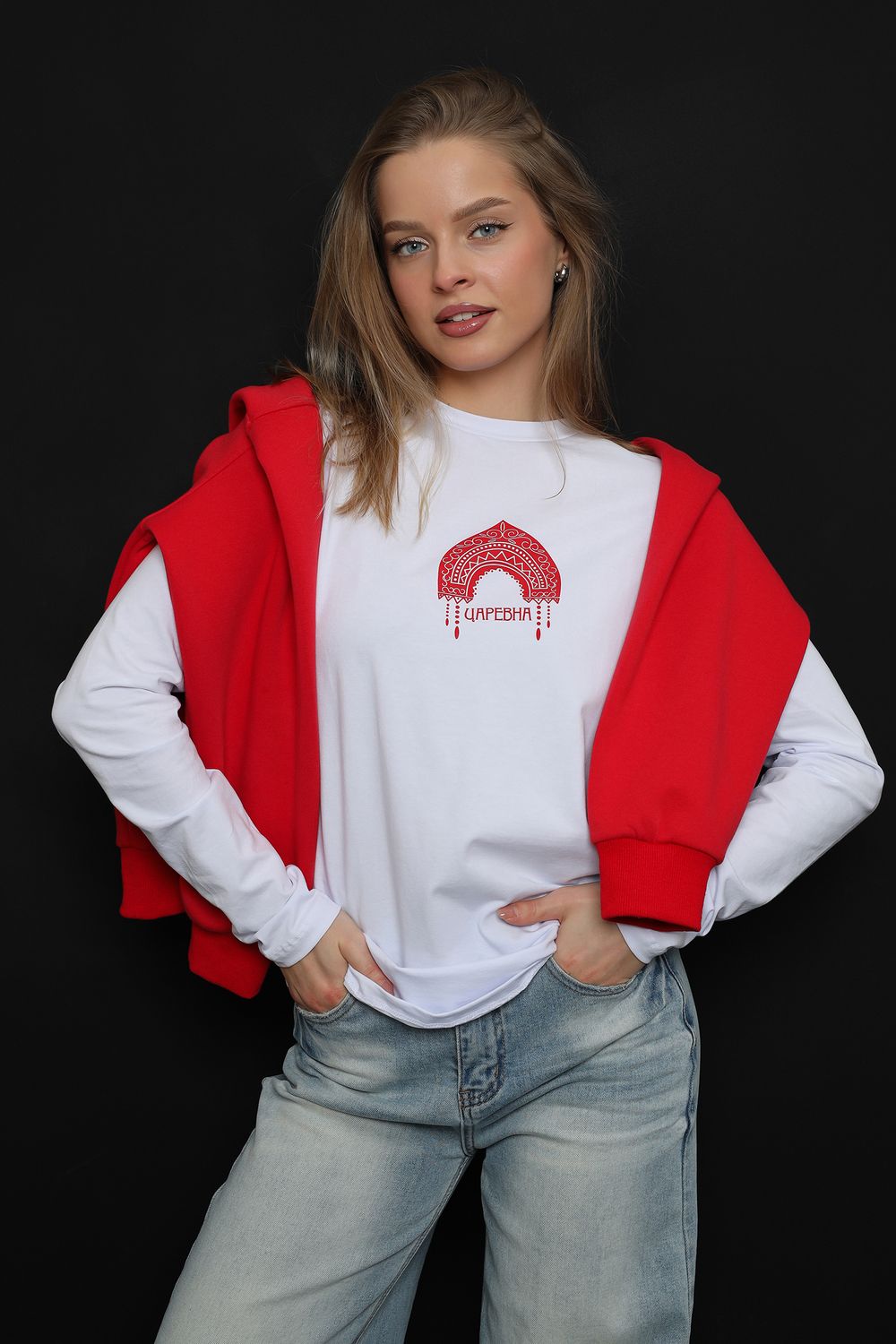 8588 футболка с дл.рукавом унисекс - белый+украшение