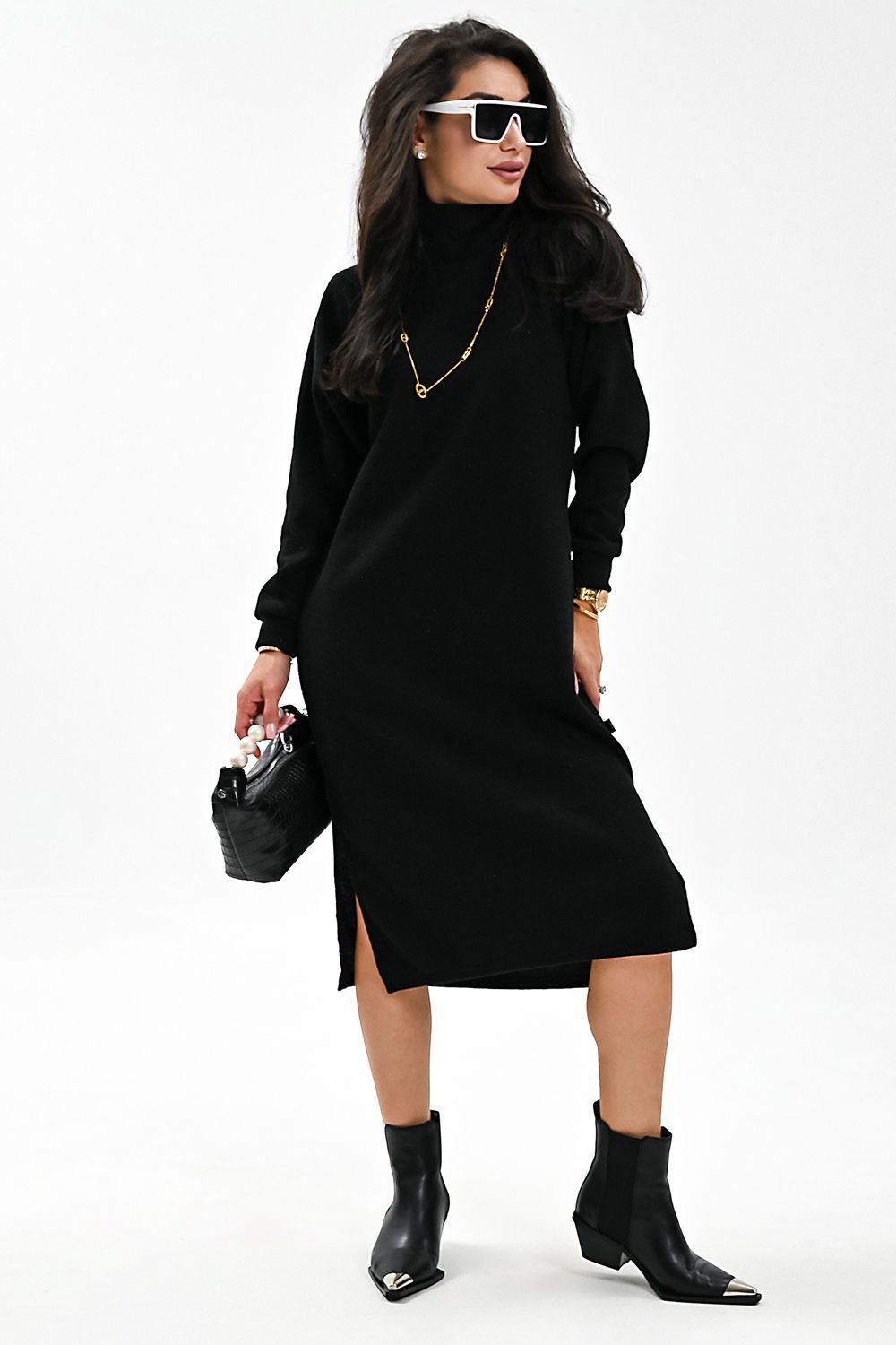 Платье теплое в рубчик - черный