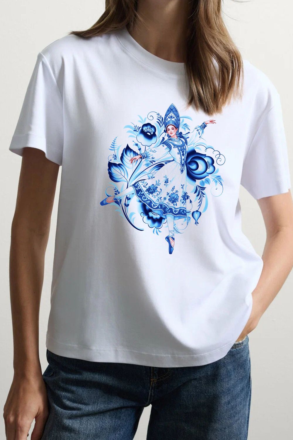 8589 футболка унисекс - белая+девушка Гжель