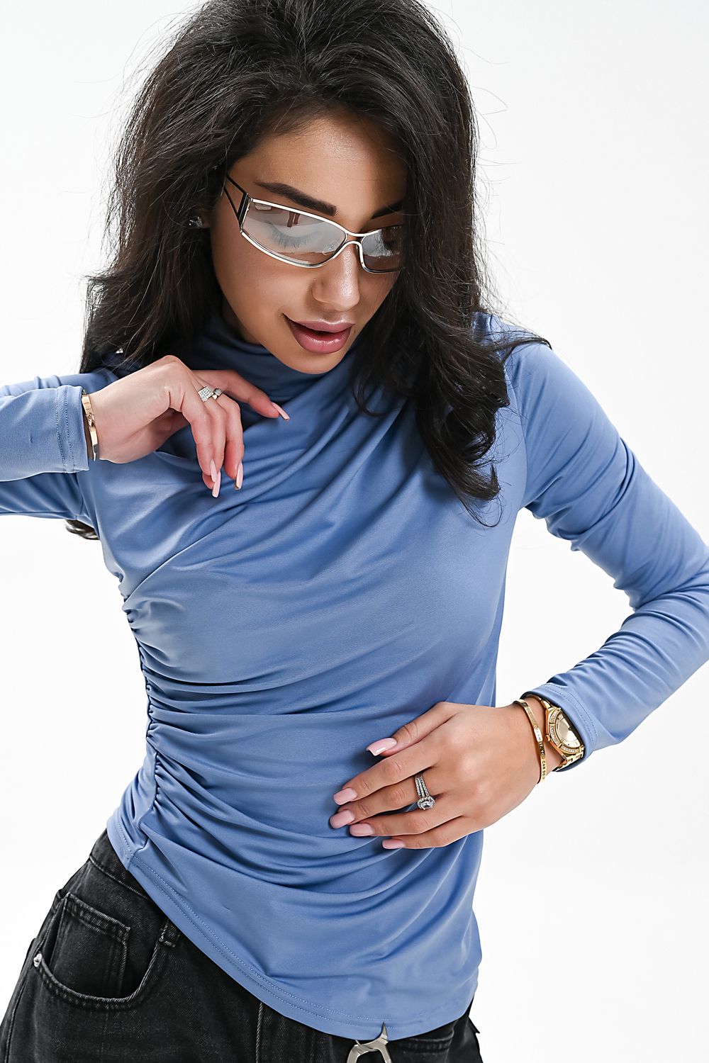 Лонгслив с драпировкой - голубой