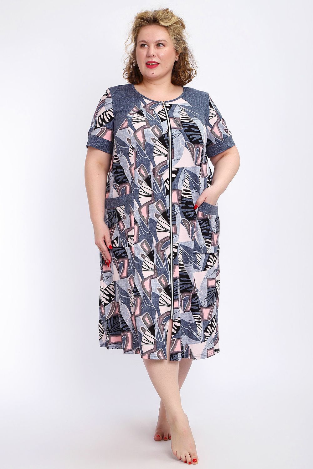 Халат 004 домашний на молнии - Розовый веер