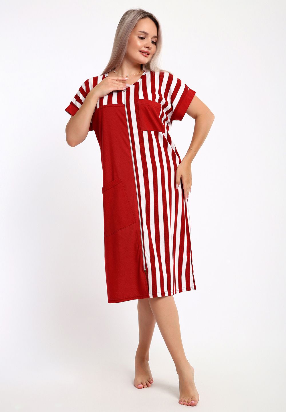 521 Халат на молнии - Полоска - красный