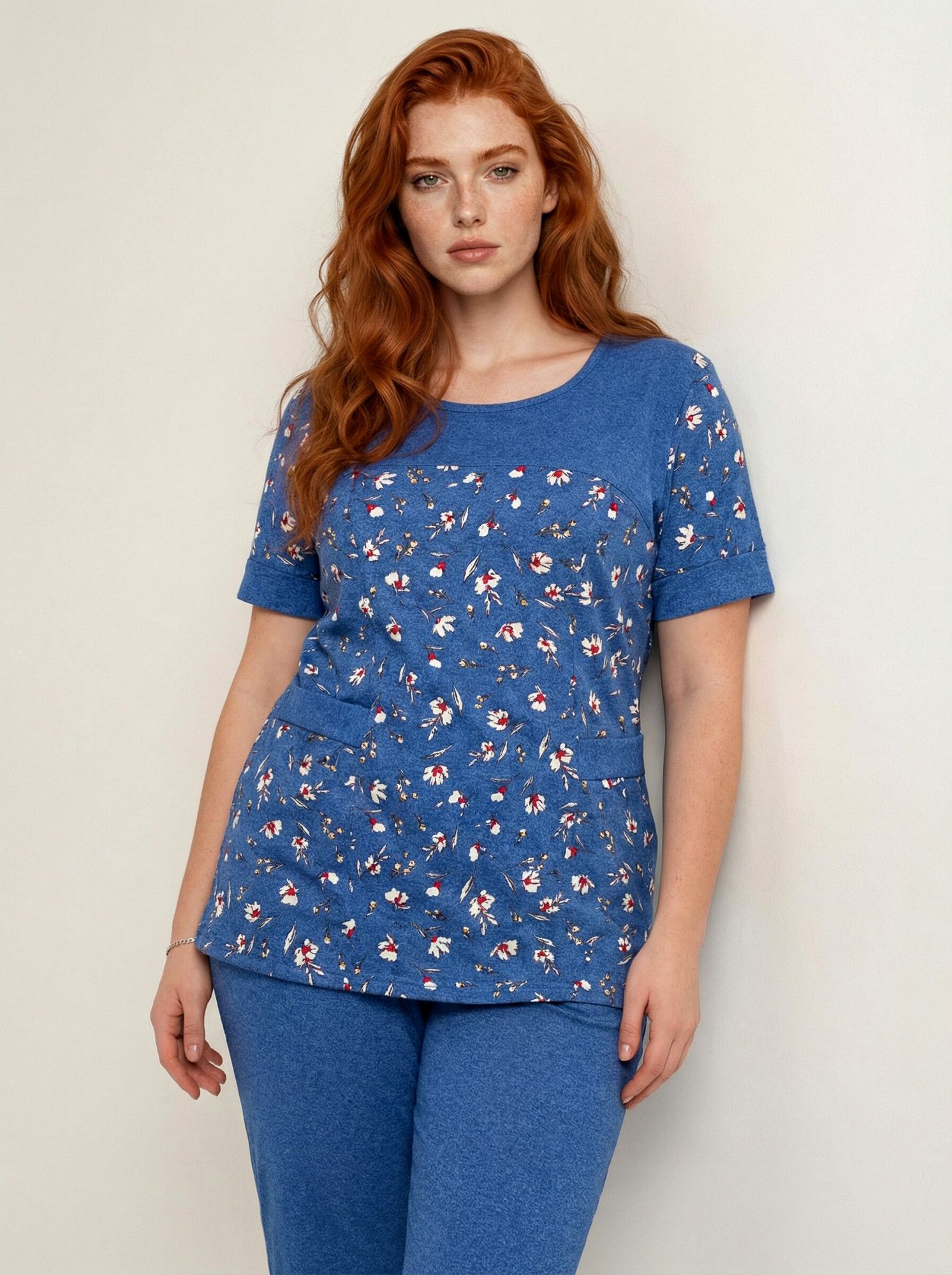 Костюм женский кулирка с брюками "ХОЛЛИ" ЦВЕТОК ГОЛУБОЙ