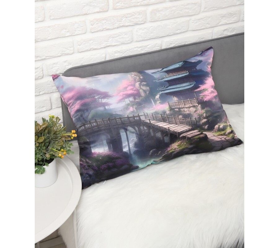 Декоративная атласная наволочка "Японский садик" 40х60см интерьерная