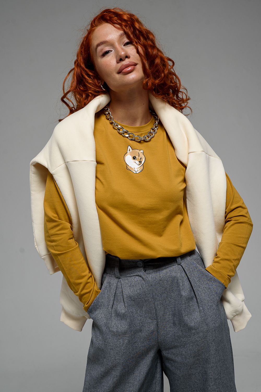 8529/1 футболка с дл.рукавом - горчичный+Сиба-ину