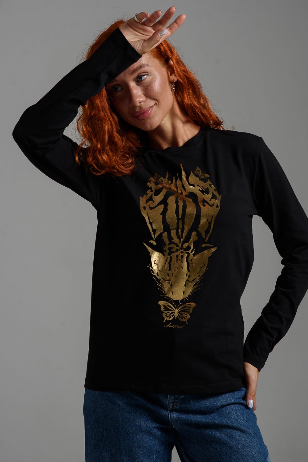 8544 Футболка с длинным рукавом женская (фольга) - черный+инстинкт