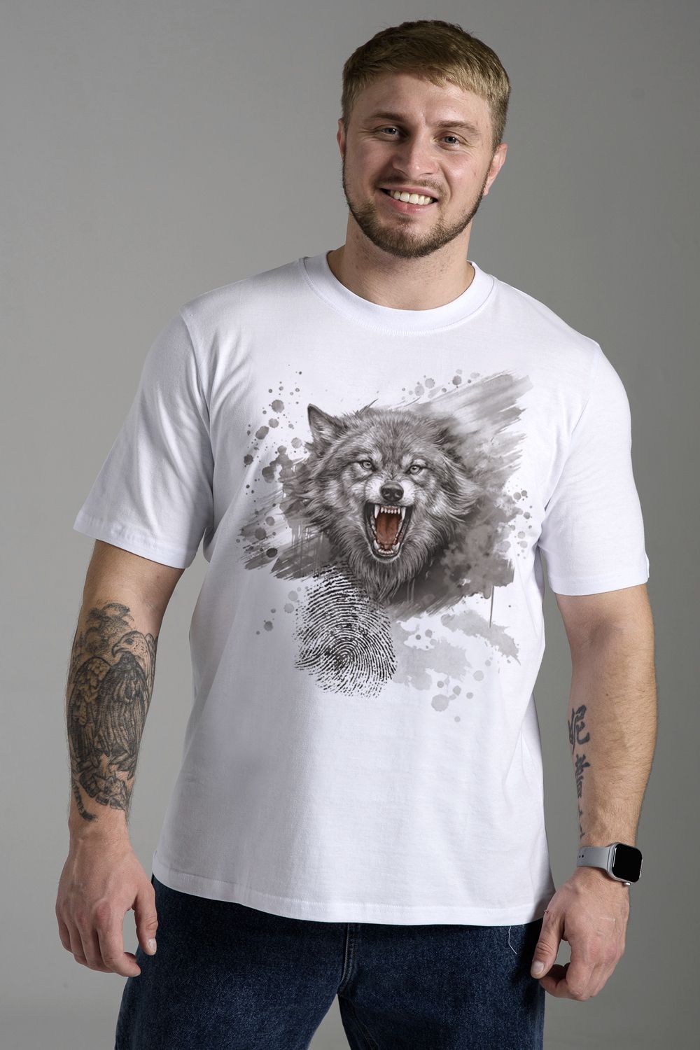 8593 футболка мужская - белый+волк