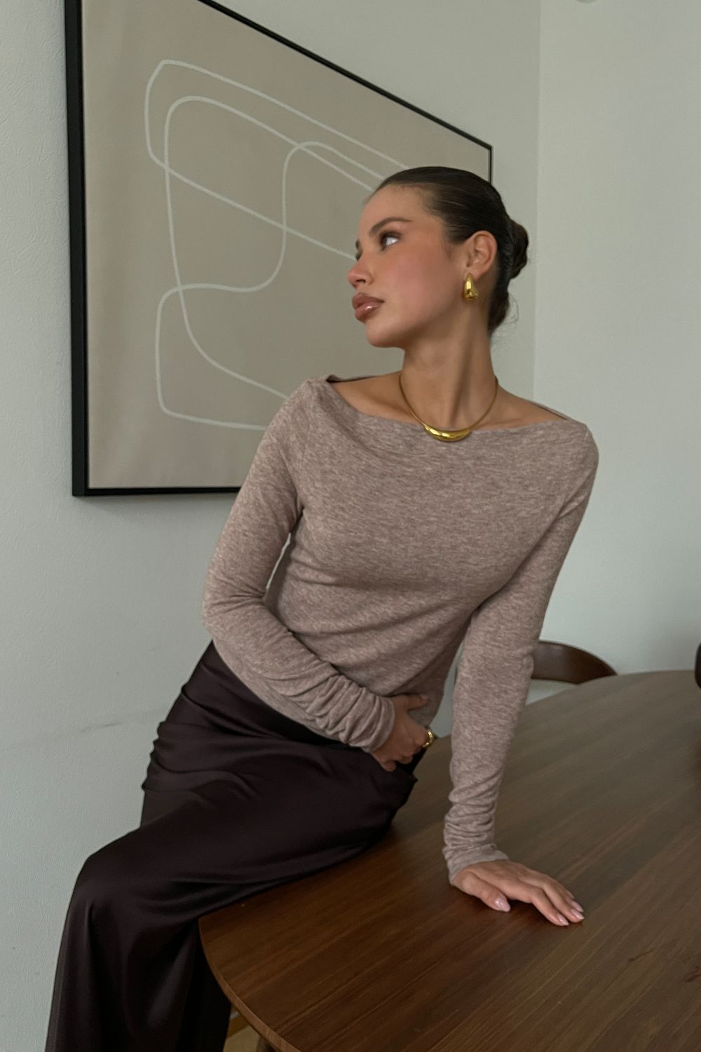 Лонгслив облегающий полупрозрачный с длинным рукавом - кофейный