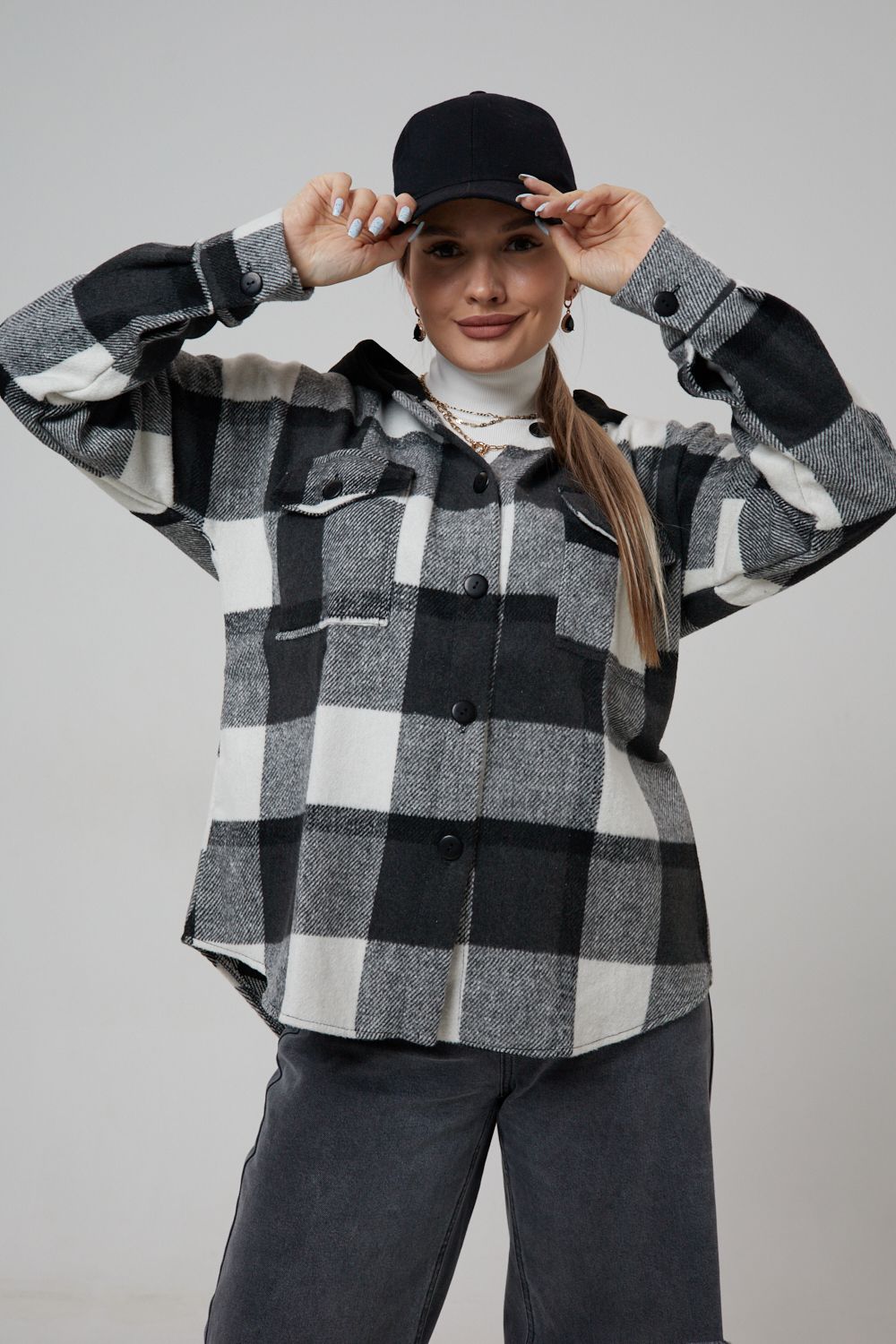 Рубашка женская в клетку с капюшоном РЖКК-01 - черный