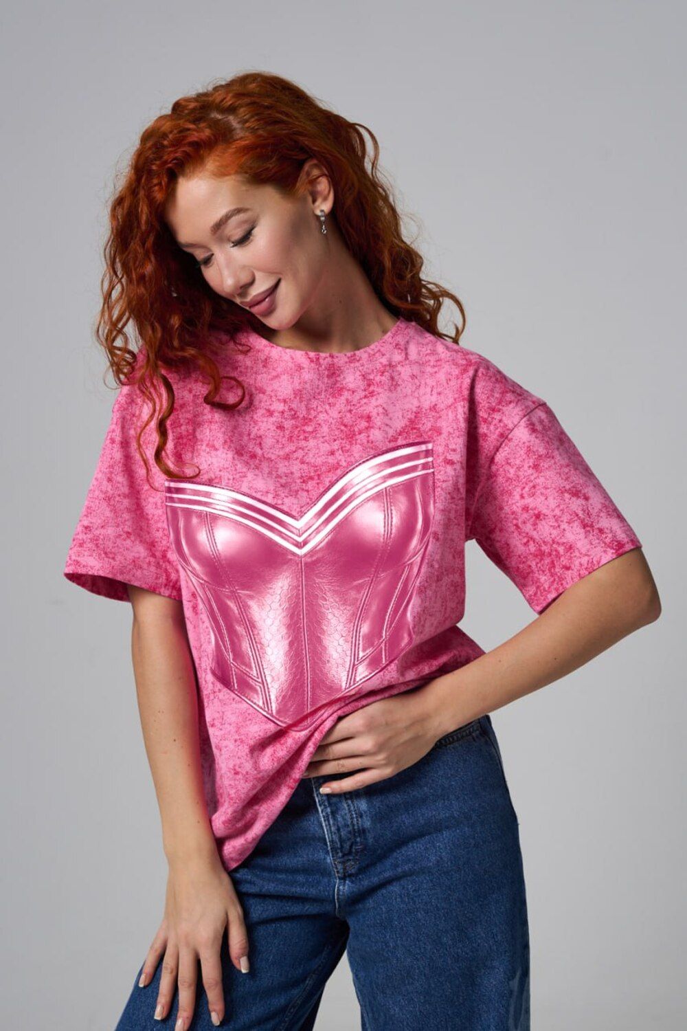 8594 футболка женская оверсайз - фуксия+корсет