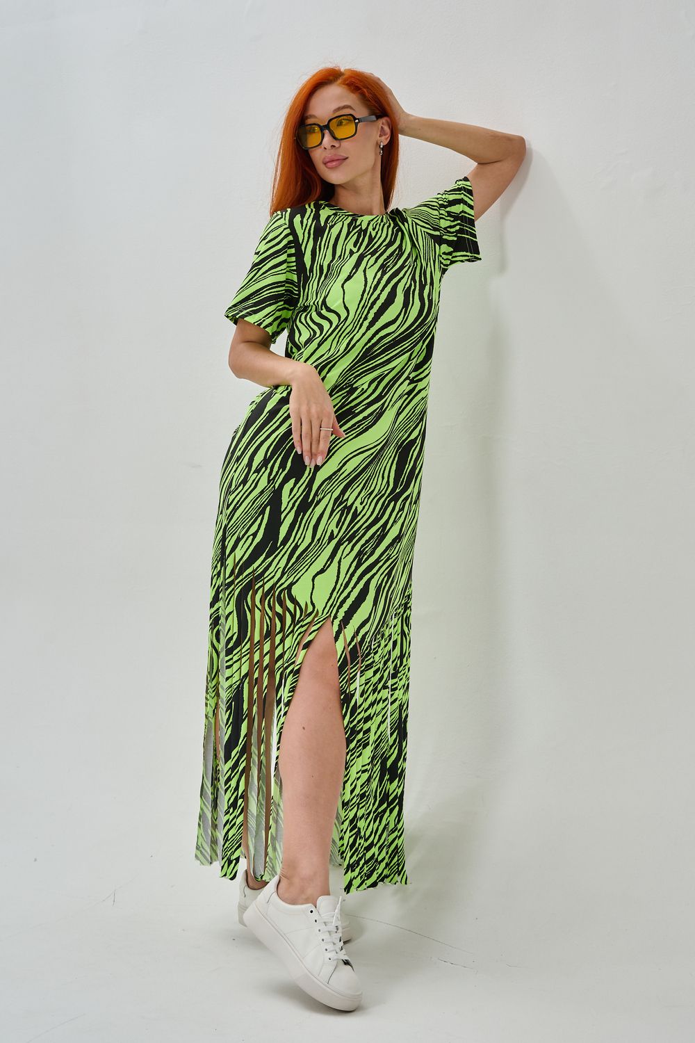 7480 платье женское - неон салат+чёрный