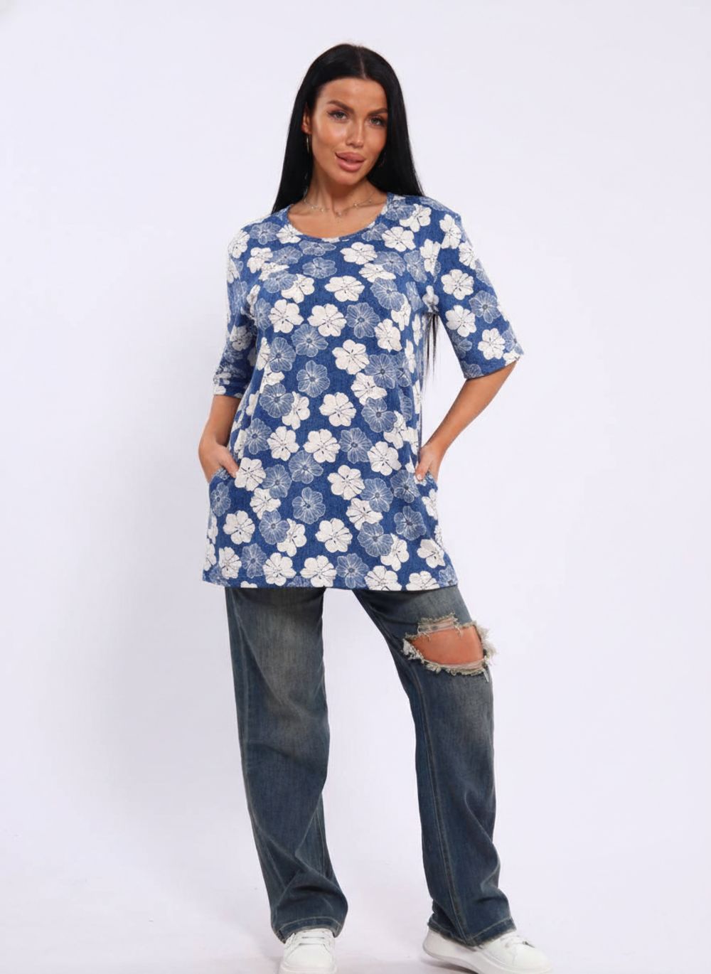 Футболка с карманами Арт. 699 - белый цветок