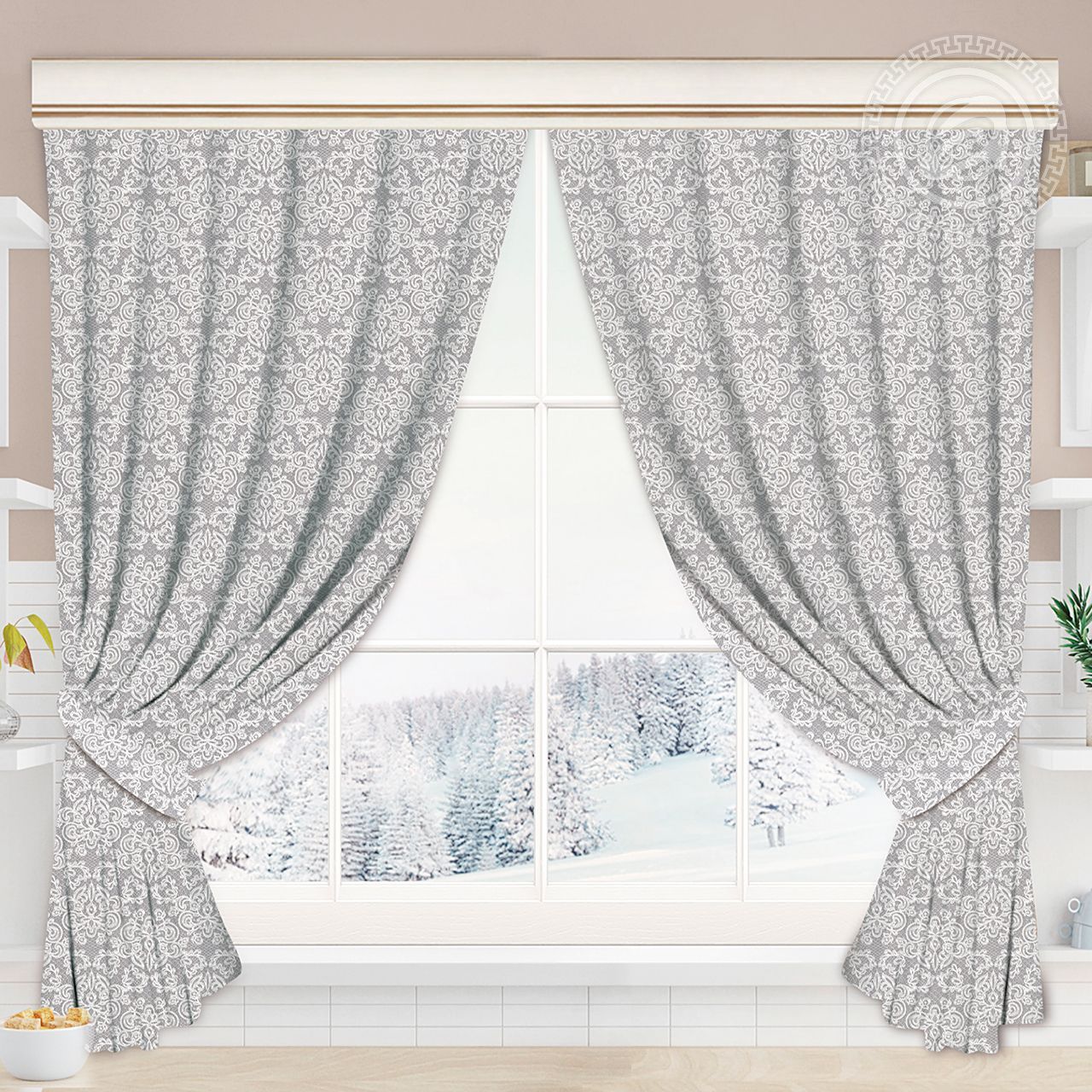 Шторы для кухни с подхватом Кружево Ш.145.180