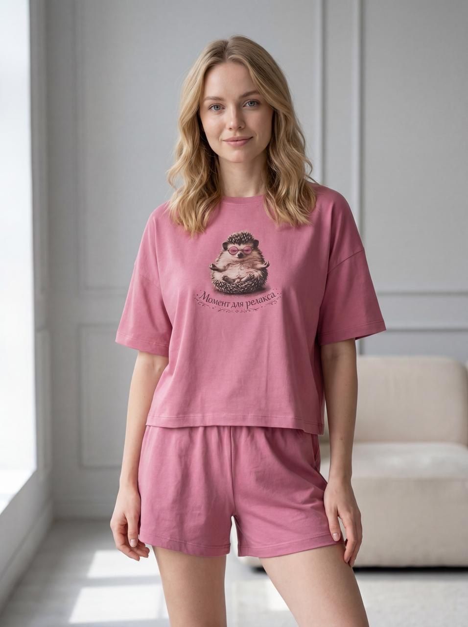 Пижама женская с шортами и футболкой из вискозы 415 - розовый
