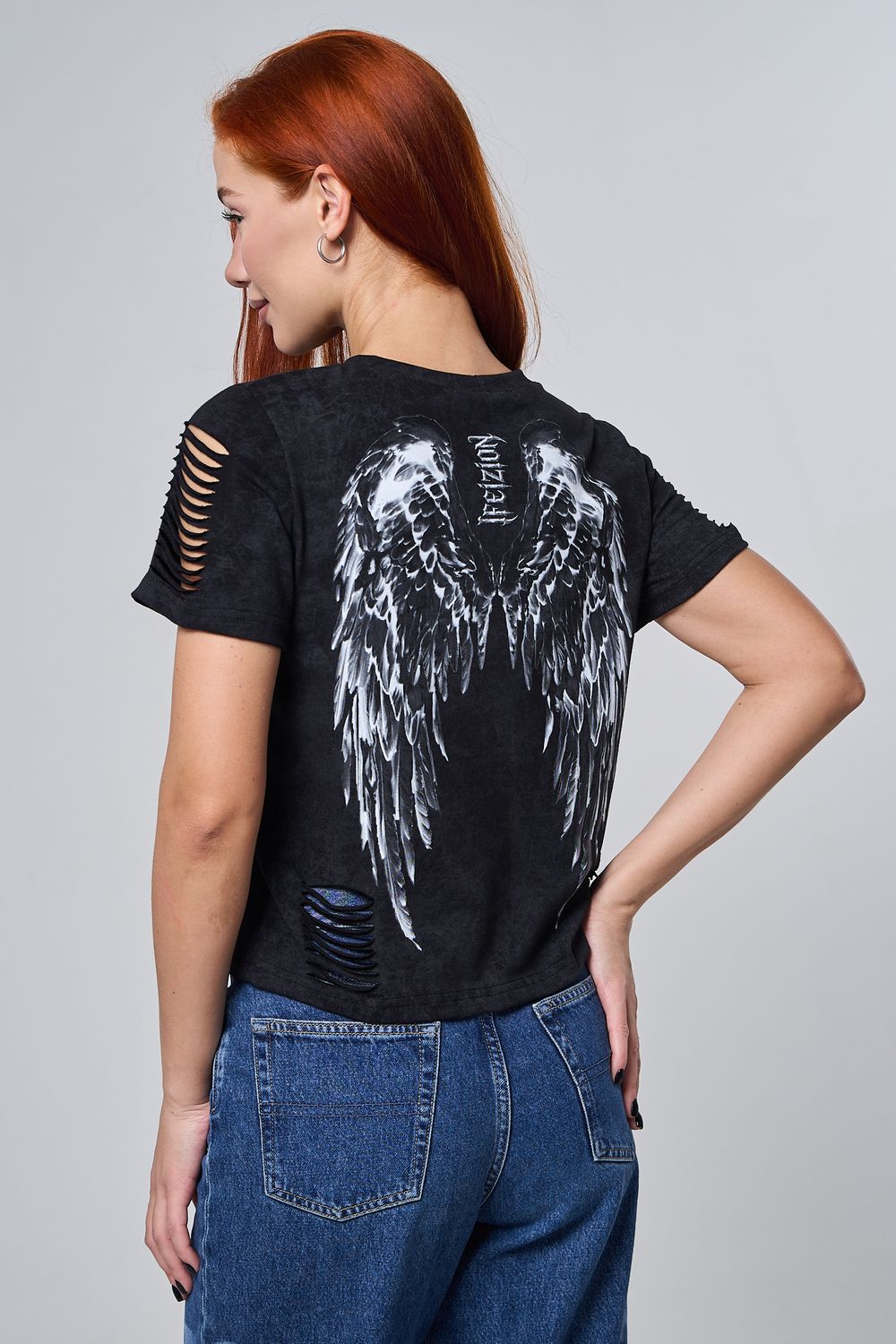 7502 футболка женская - черный винтаж+крылья