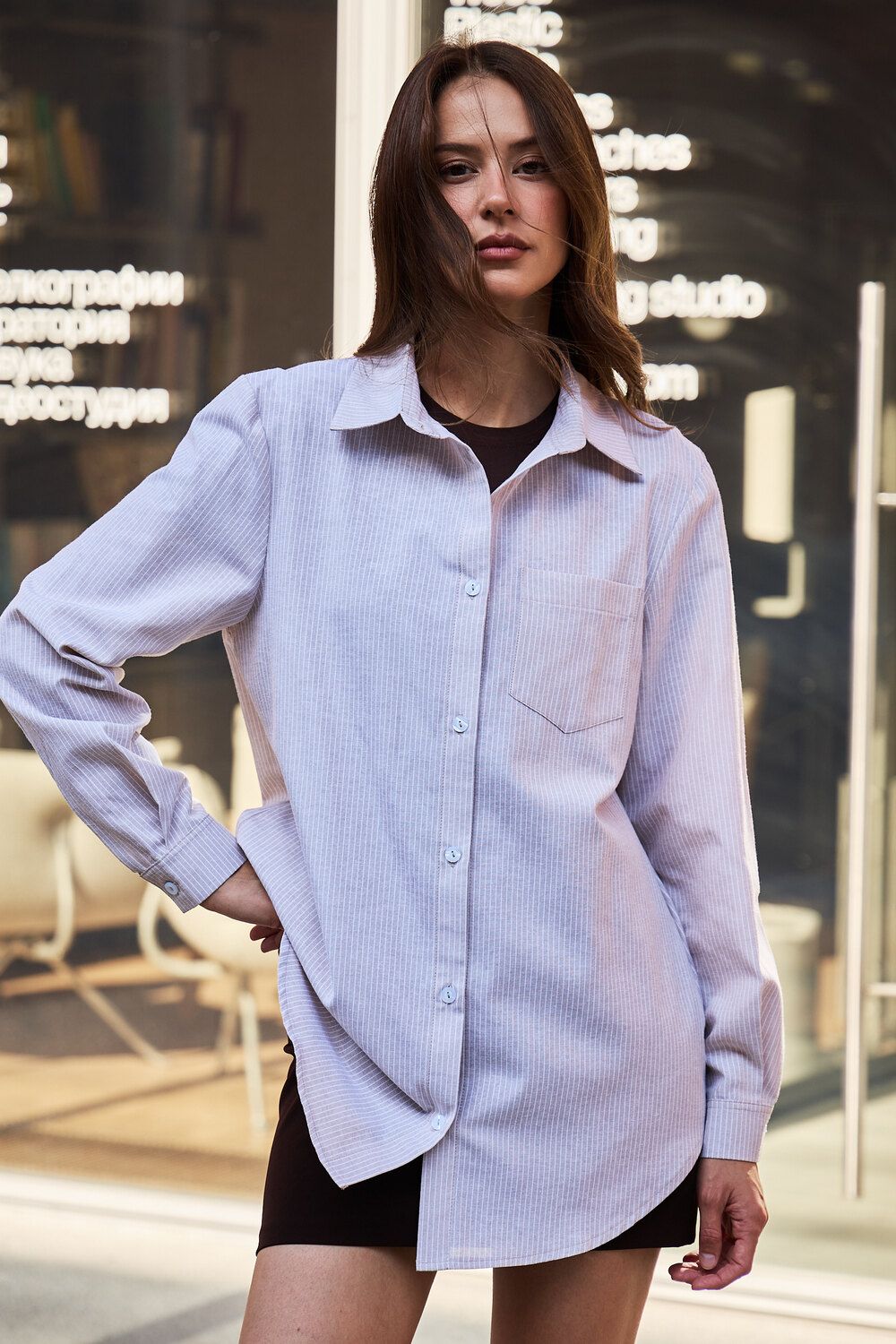 Рубашка оверсайз в полоску хлопковая - бежевый