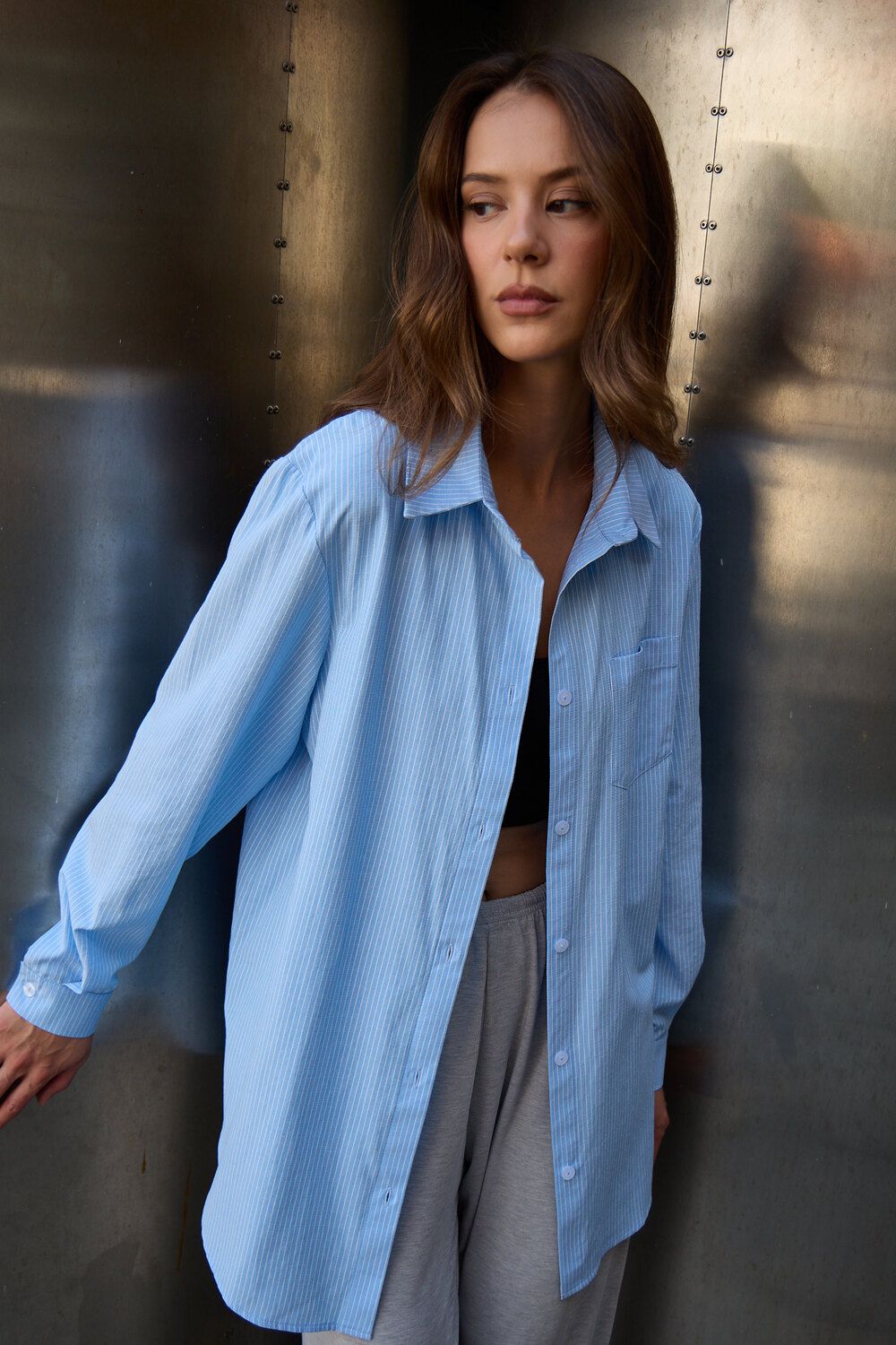 Рубашка оверсайз в полоску хлопковая - голубой