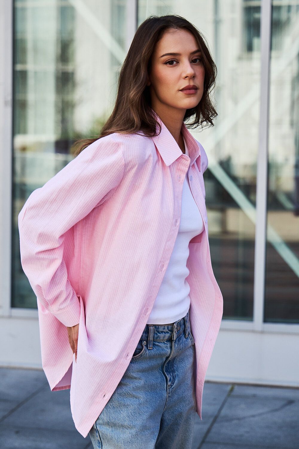 Рубашка оверсайз в полоску хлопковая - розовый