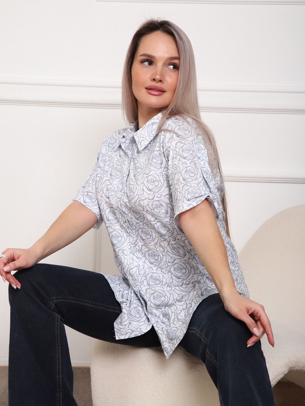 Рубашка женская арт. 5005 - белый+розы