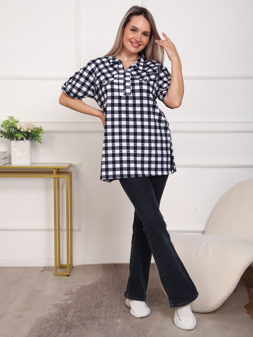 Туника женская арт. 5004 - черный/клетка