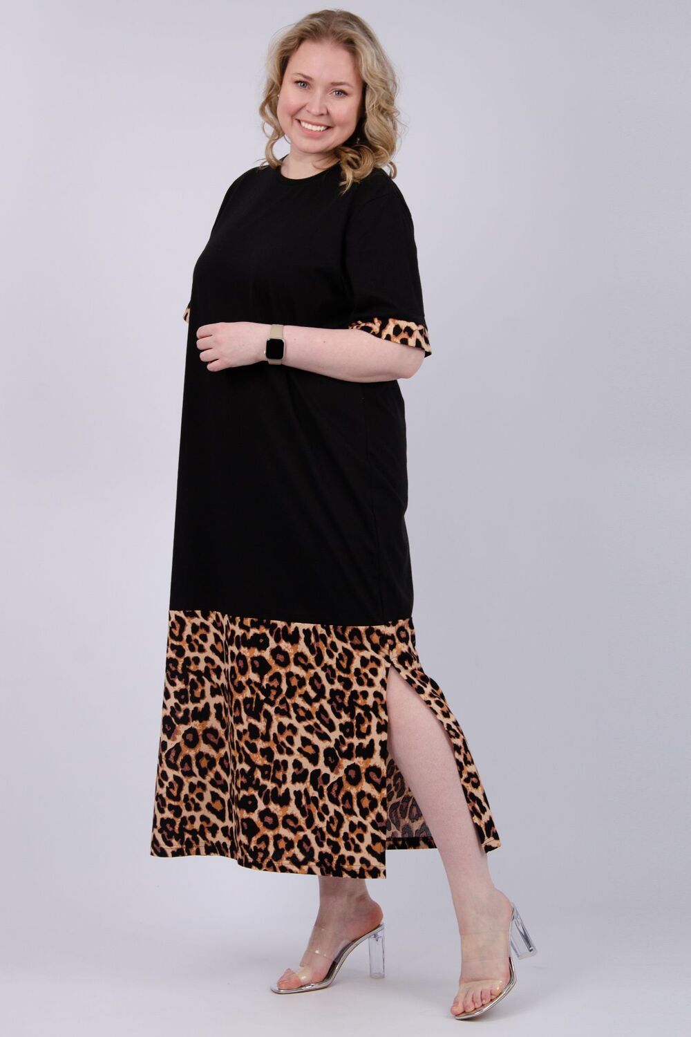 Рамина платье женское - черный/леопард на бежевом