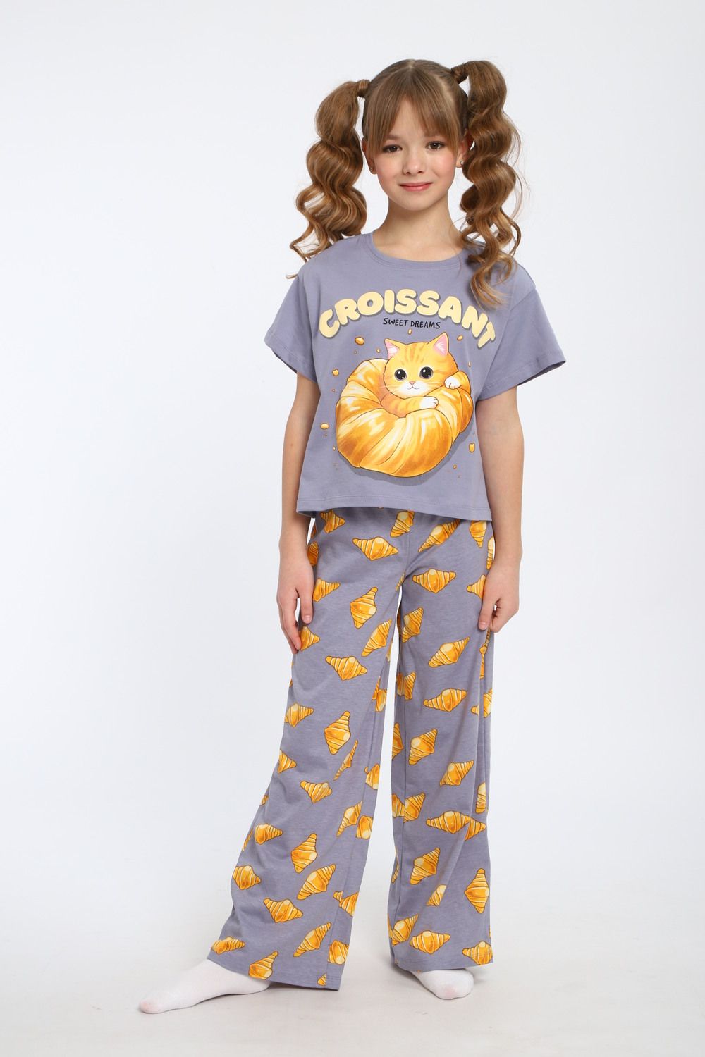 Пижама для девочки "Котенок-круассан" арт. ПД-015-084 - серый