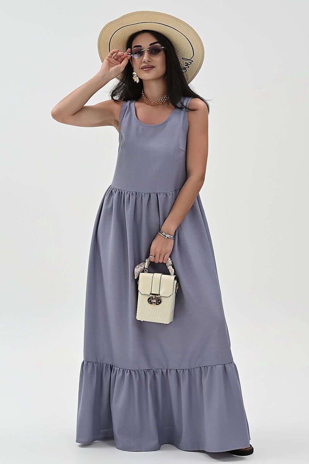 Сарафан льняной - серо-голубой