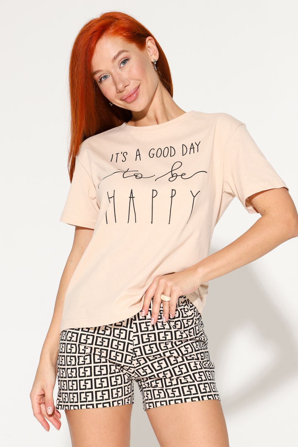 Пижама с шортами "ФЕНДИ" - бежевый