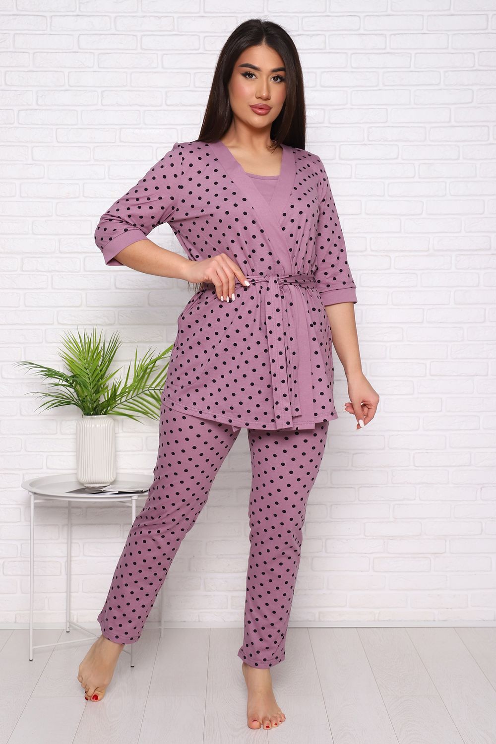 Комплект пеньюар+топ+брюки "Нежность" - лиловый