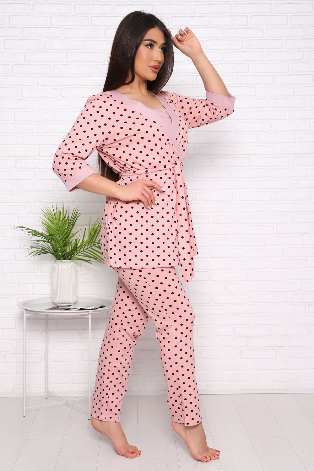 Комплект пеньюар+топ+брюки "Нежность" - пудра