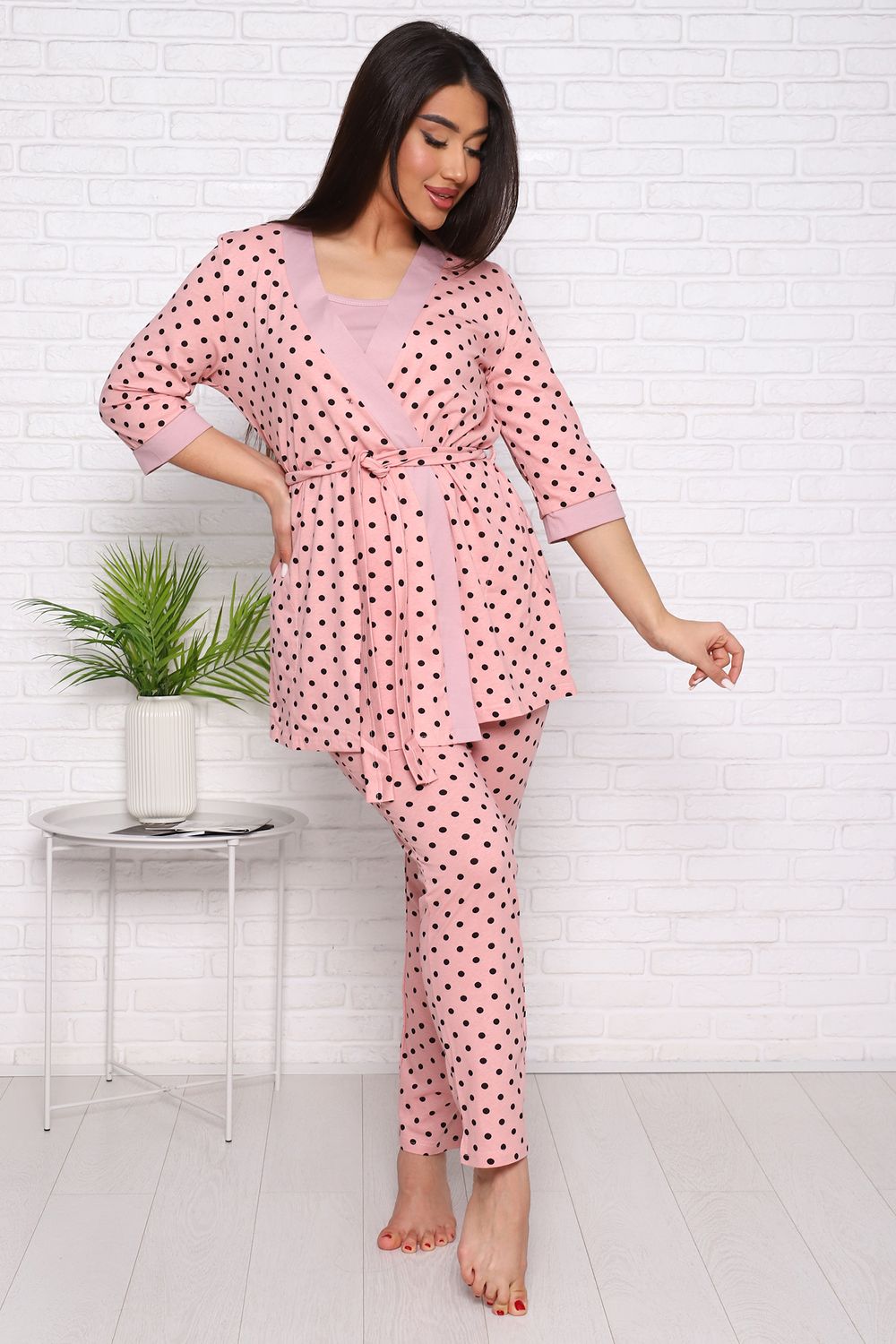 Комплект пеньюар+топ+брюки "Нежность" - пудра