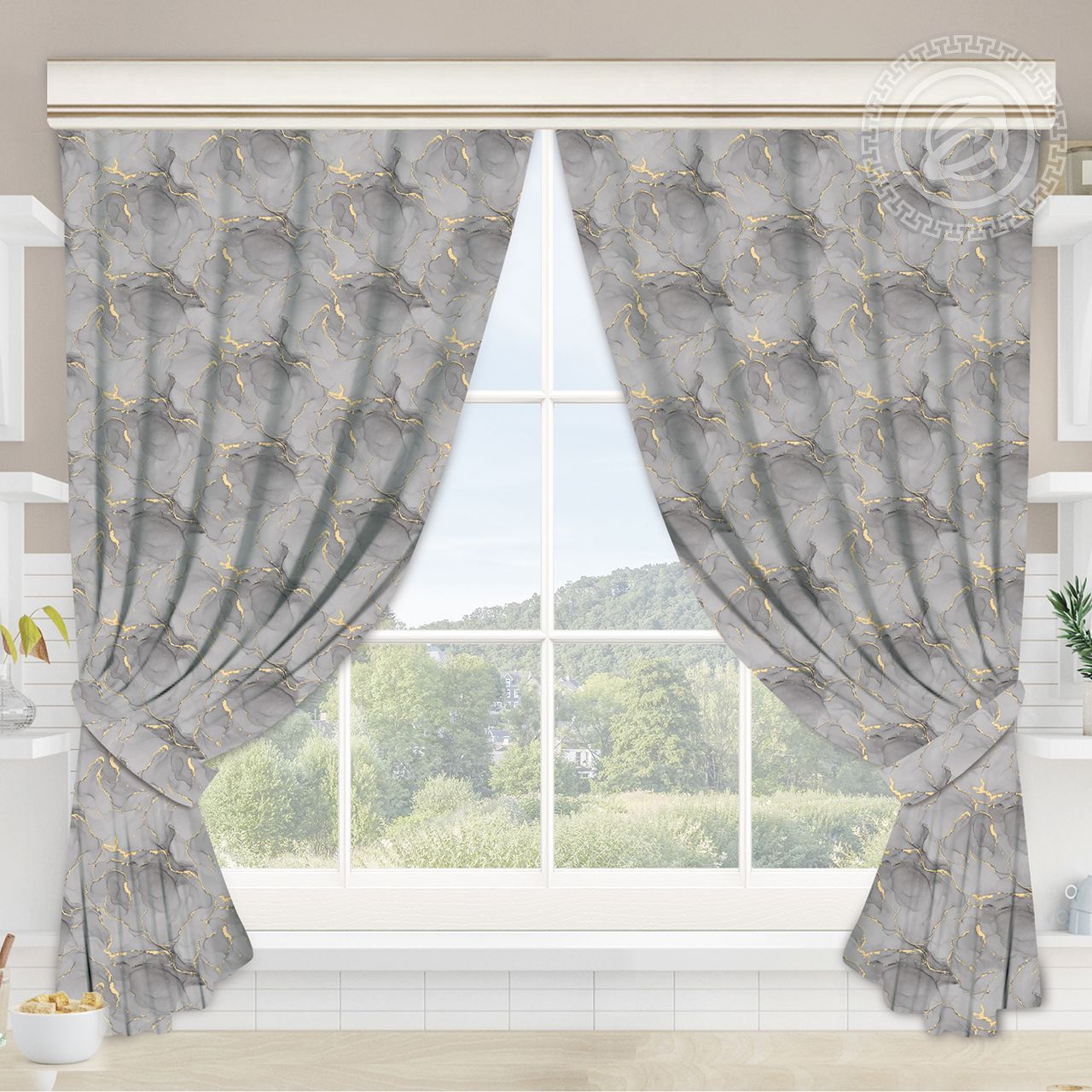 Шторы для кухни с подхватом Кракелюр Ш.145.180