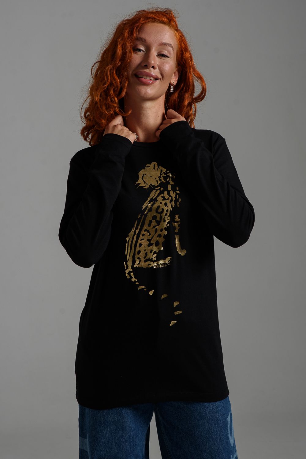 8544 Футболка с длинным рукавом женская (фольга) - черный+статус