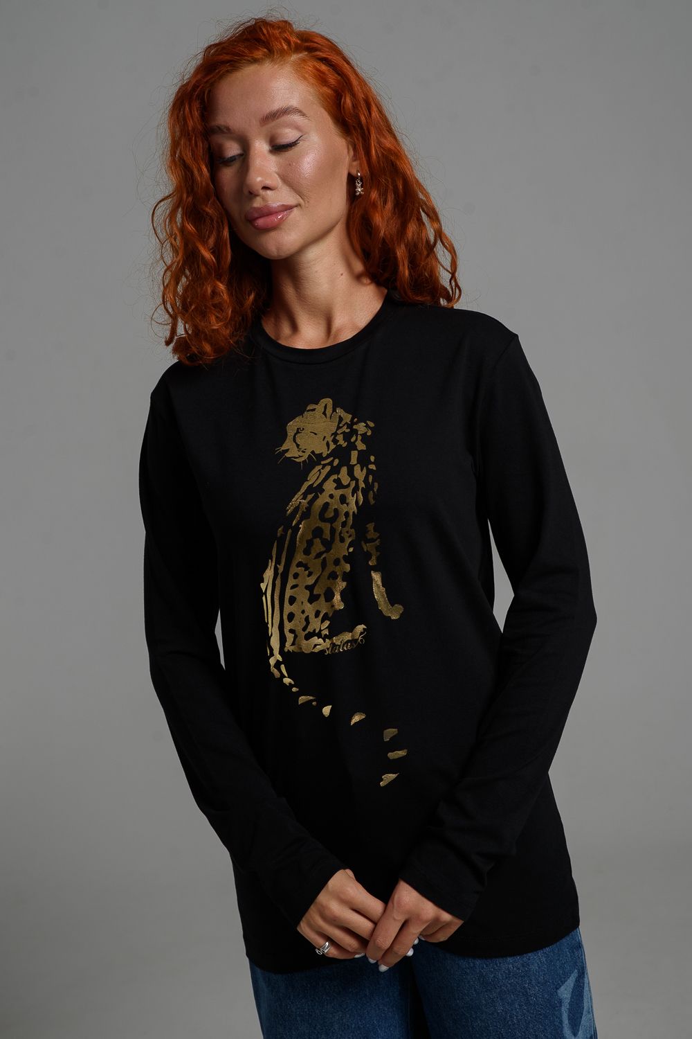 8544 Футболка с длинным рукавом женская (фольга) - черный+статус